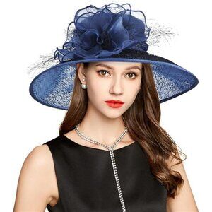 Derby Hats for Women, Classy Organza Sun Hat, Navy Blue